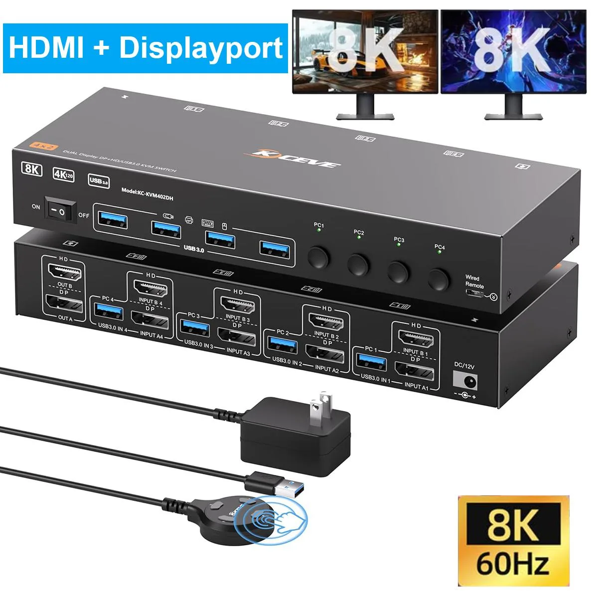 SMA SMA 4K 144Hz Dual Monitor KVM Switch 4 Computers HDMI 2.1 DP 1.4 USB 3.0 — product photo