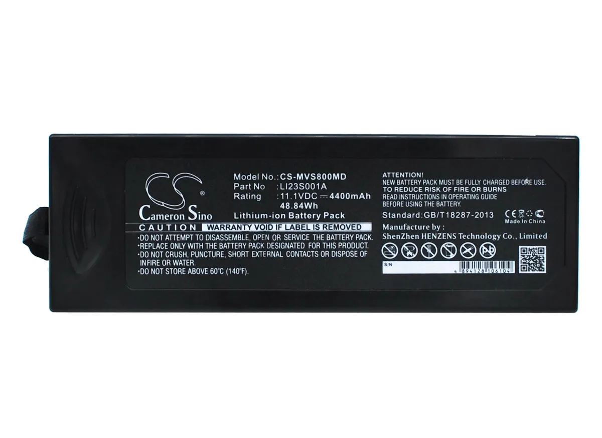 Rectangular black battery pack with label and connector