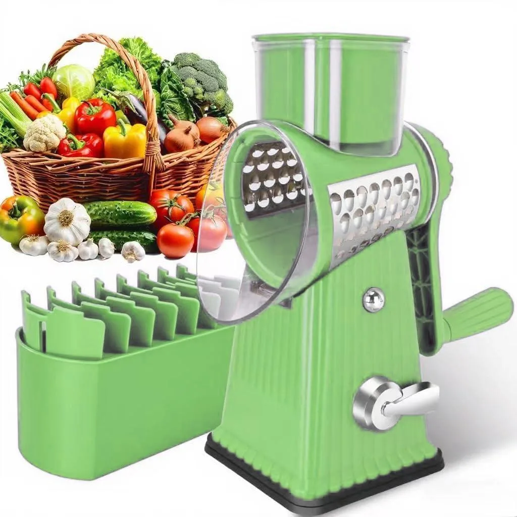 Green rotary cheese grater with suction base and five interchangeable blades