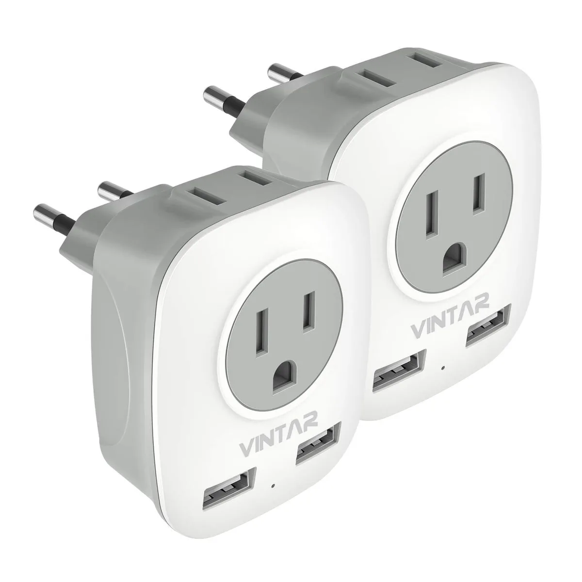 Two white and grey Type C travel adapters with two US outlets and two USB ports each