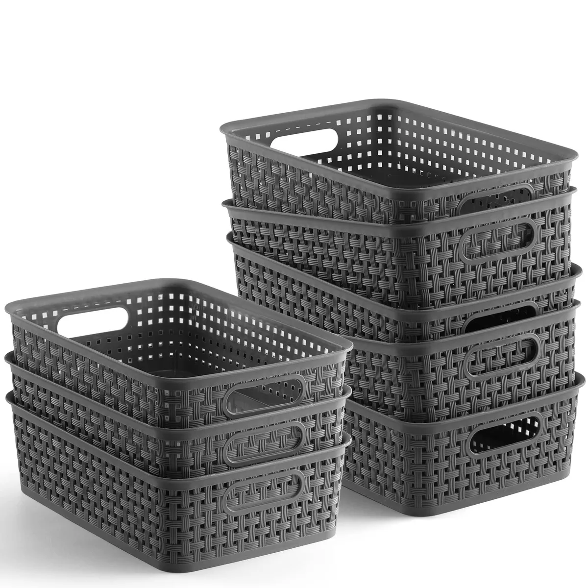 Eight gray rectangular woven plastic baskets with open tops and hollow handles