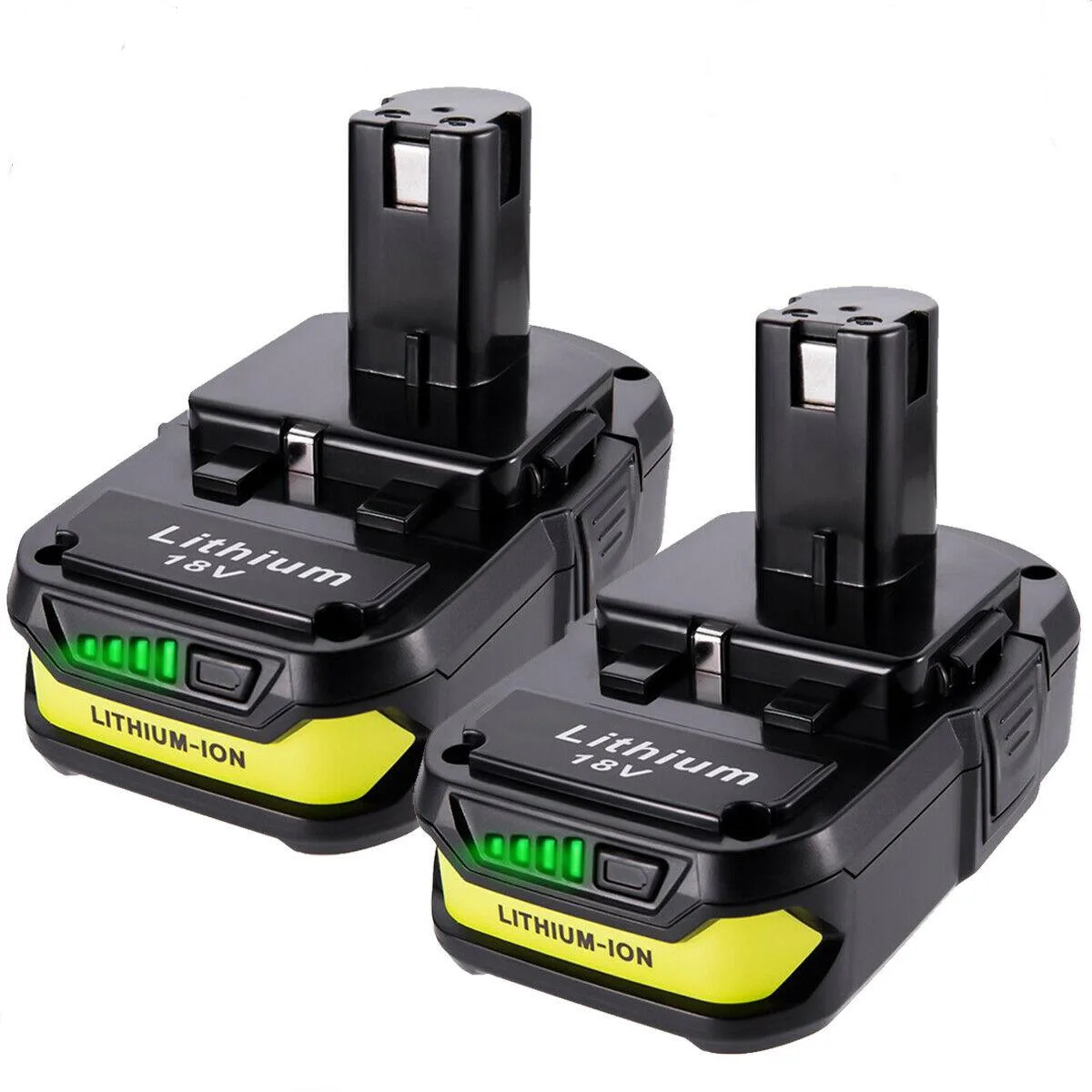 Two green and black 18V lithium-ion batteries with slide-on contacts