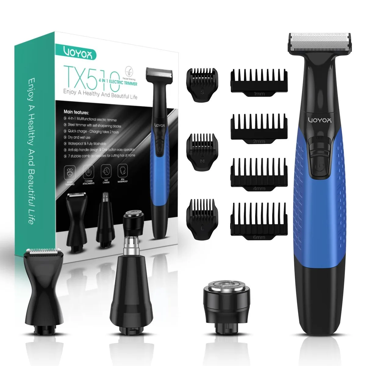 Blue cordless grooming trimmer with multiple attachable combs and detachable blades