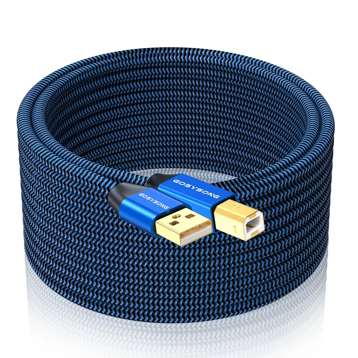 Blue USB Type A to Type B printer cable, 25 ft, nylon braid, gold-plated plugs
