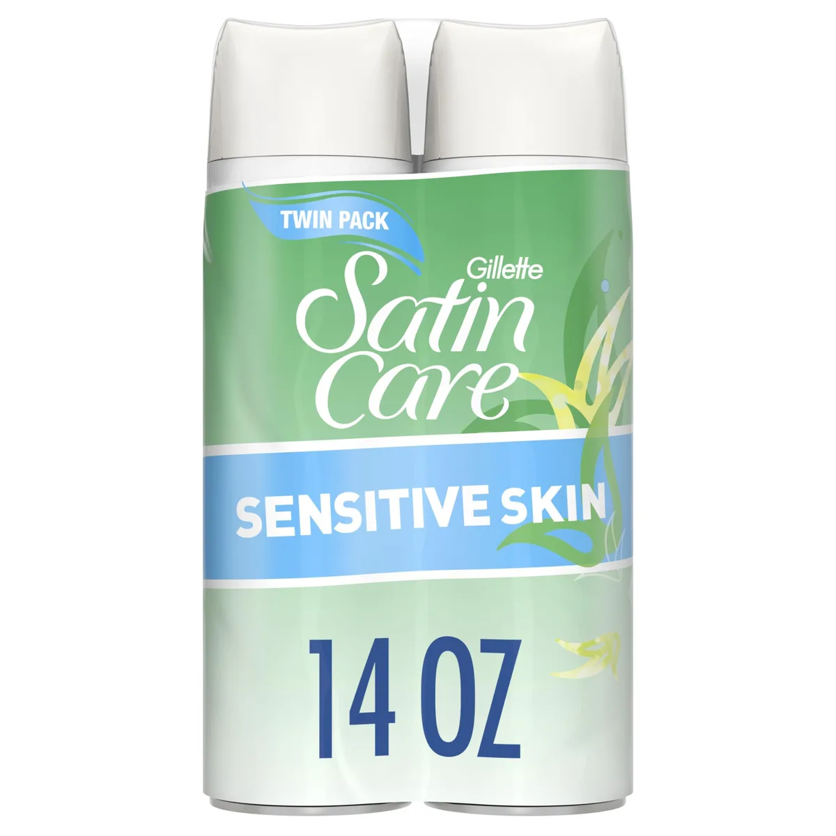 A tall cylindrical shave gel can with a curved cap, pale teal and white finish, 7.75 inches high