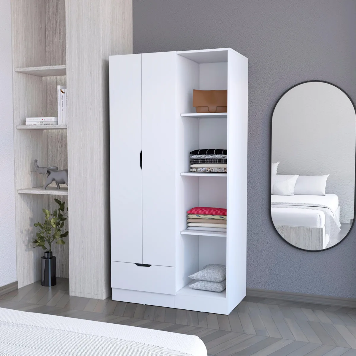 FM FURNITURE FM FURNITURE Redmond Armoire White 71"H 35"W 19"D 4 Shelves Drawer Rod — product photo