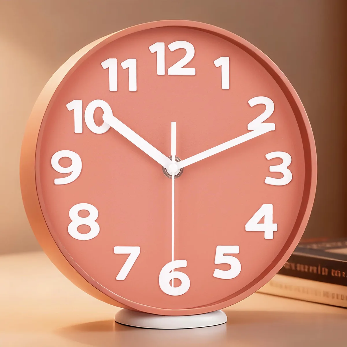 A pink rectangular desk clock with bold 3D numbers and a stand