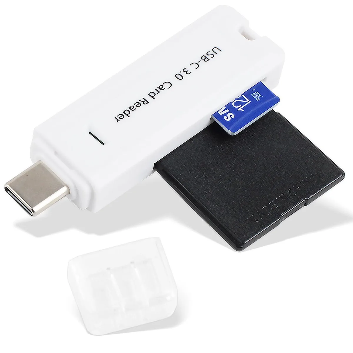 Small white USB-C card reader with dual SD and microSD slots