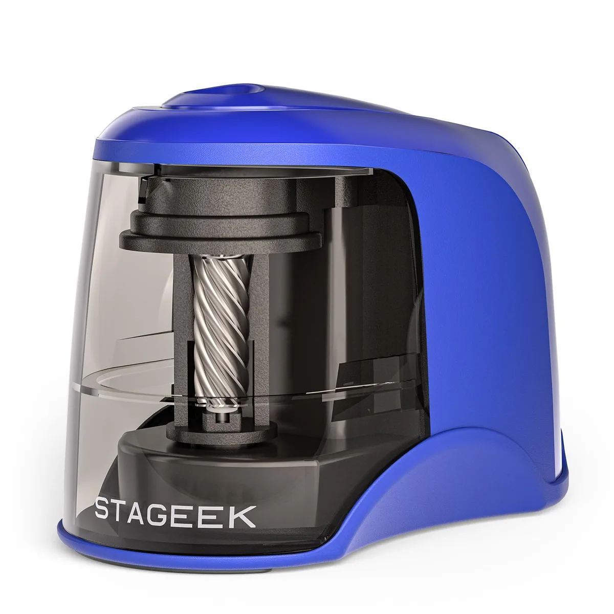 Blue electric pencil sharpener, compact desktop form, matte finish