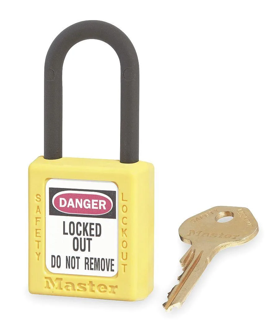 Yellow thermoplastic safety padlock with plastic shackle and danger legend
