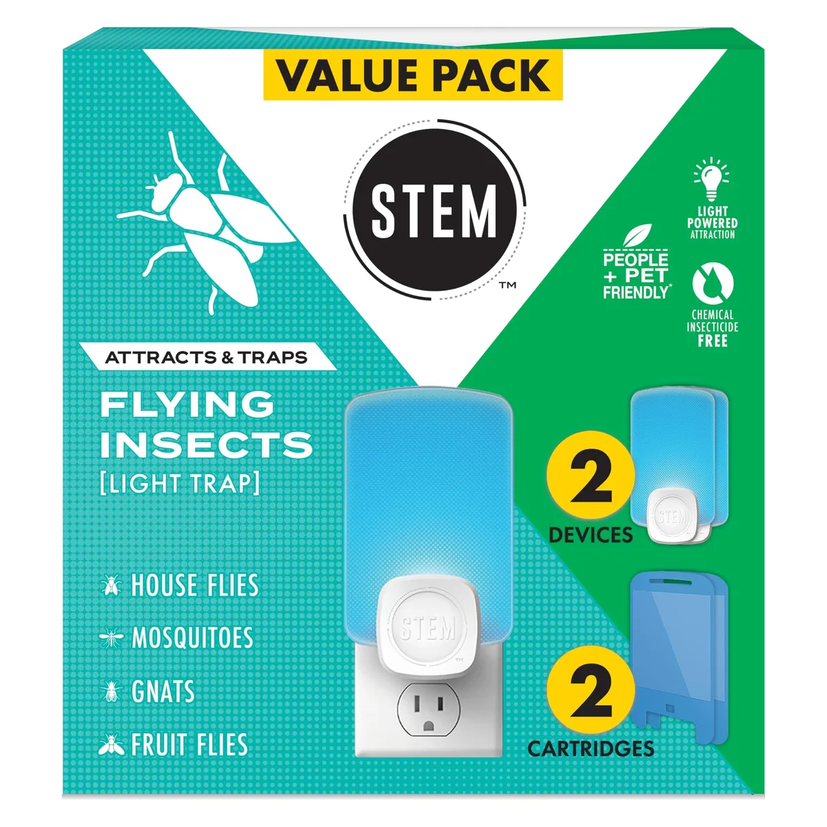 Two white plug-in traps with soft blue glow, rotating 90 degrees, two cartridges included