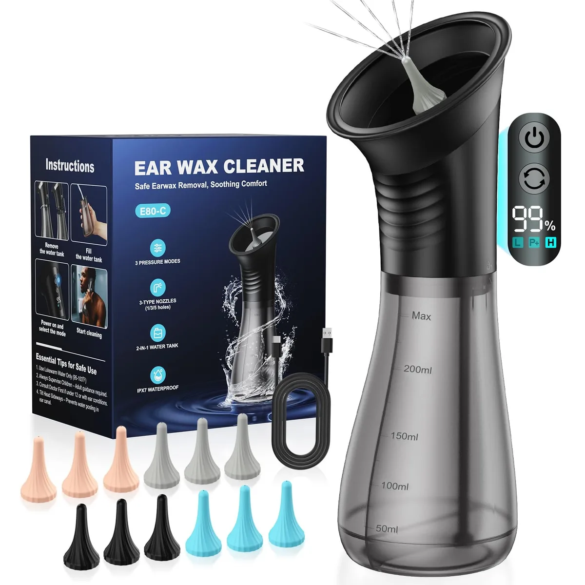 Black electric ear cleaner with integrated water tanks and LED display