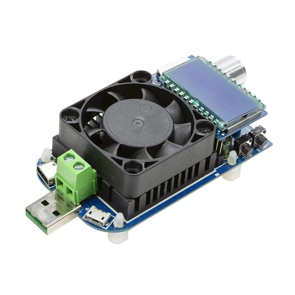 Compact rectangular USB load tester with cooling fan and multiple port types