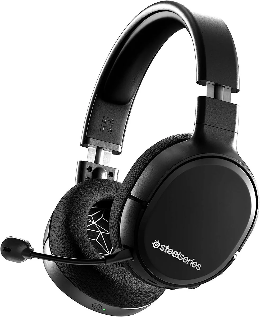 Black over-ear gaming headset with detachable boom microphone and USB-C wireless dongle