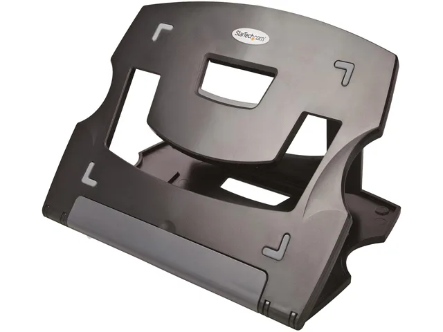 Thin black and gray folding laptop stand with vented platform and built-in handle