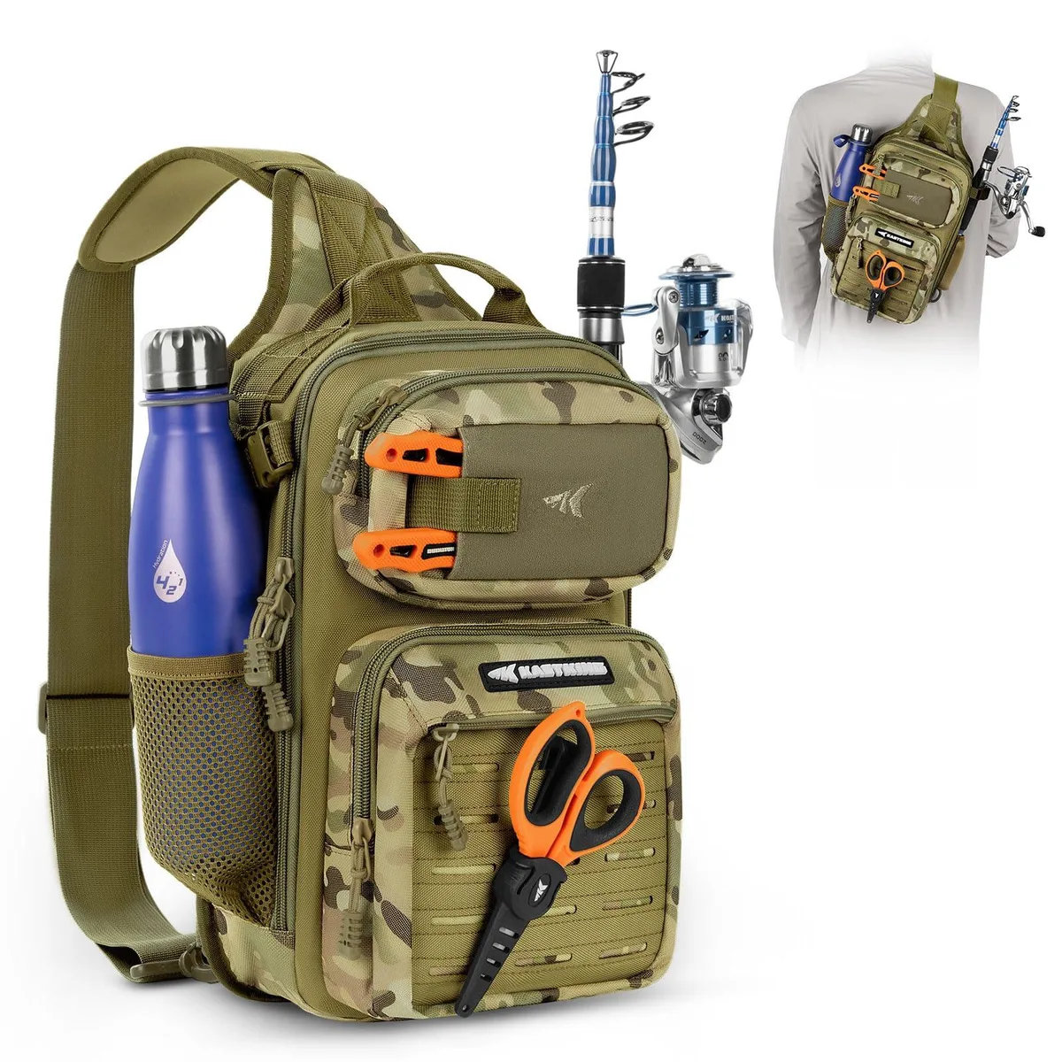 Medium beige sling tackle bag with camouflage pattern and shoulder strap