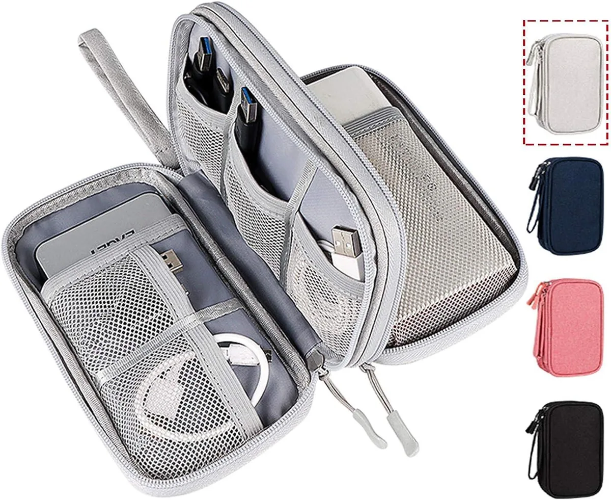Gray rectangular travel organiser bag with double zippered layers and a carry strap