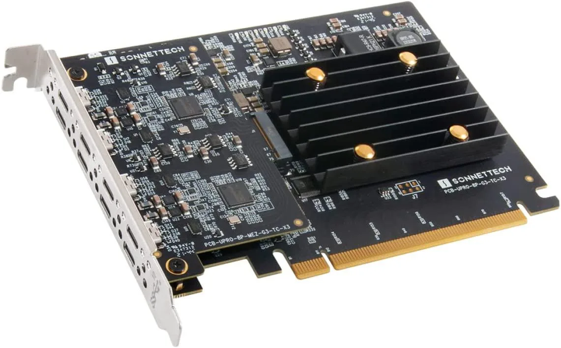 Full-height PCIe card with eight USB-C ports on a metal bracket