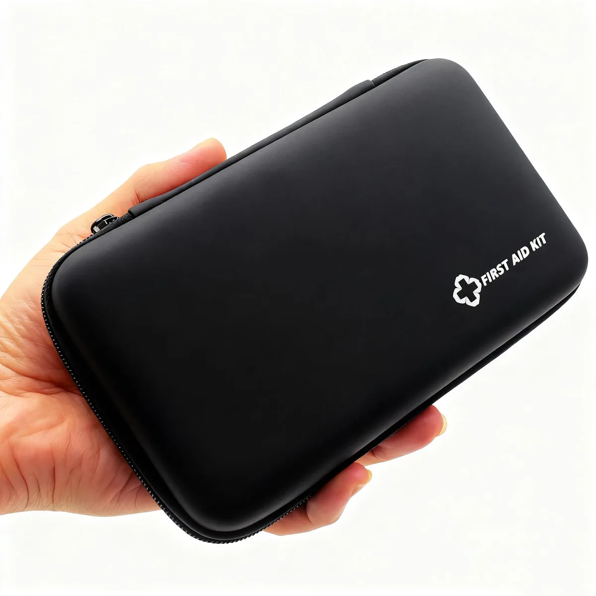 Small black rectangular first aid kit with waterproof PU hard shell and zipper closure