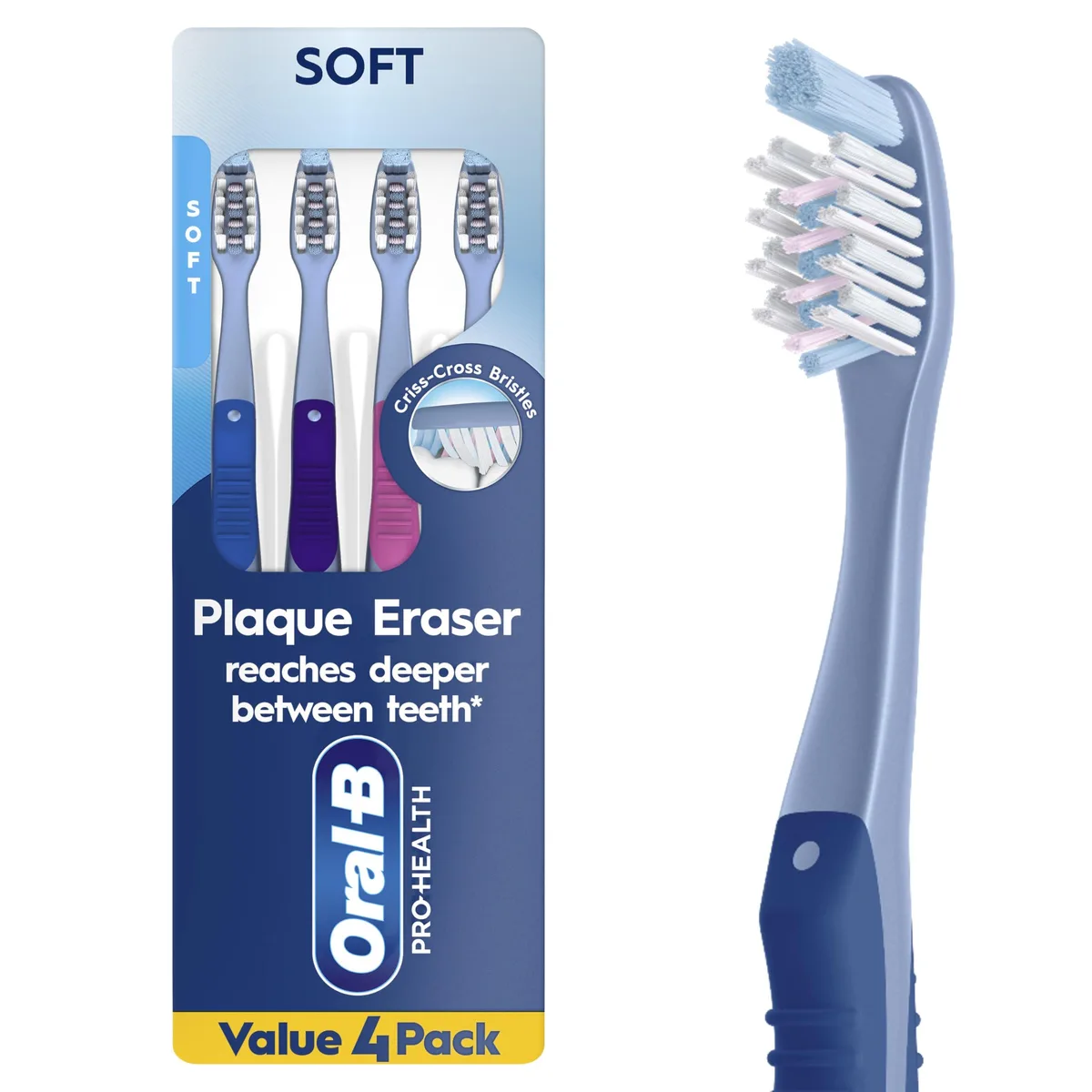 Four white soft-bristle manual toothbrushes in packaging