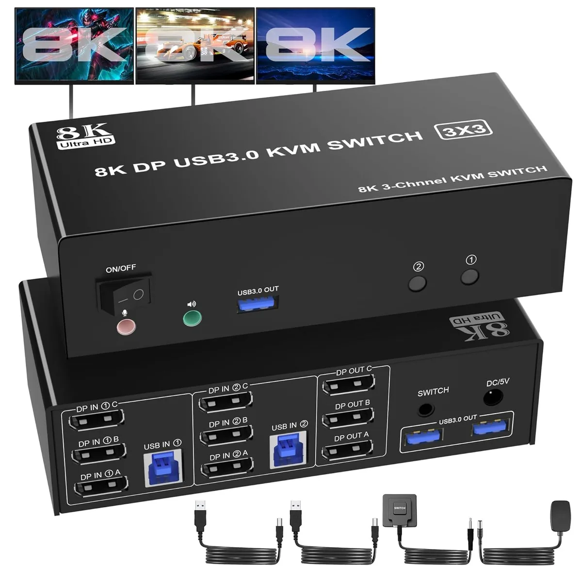 IHDAPP IHDAPP DisplayPort USB 3.0 Triple Monitor KVM Switch 2 Computers 8K@60Hz — product photo