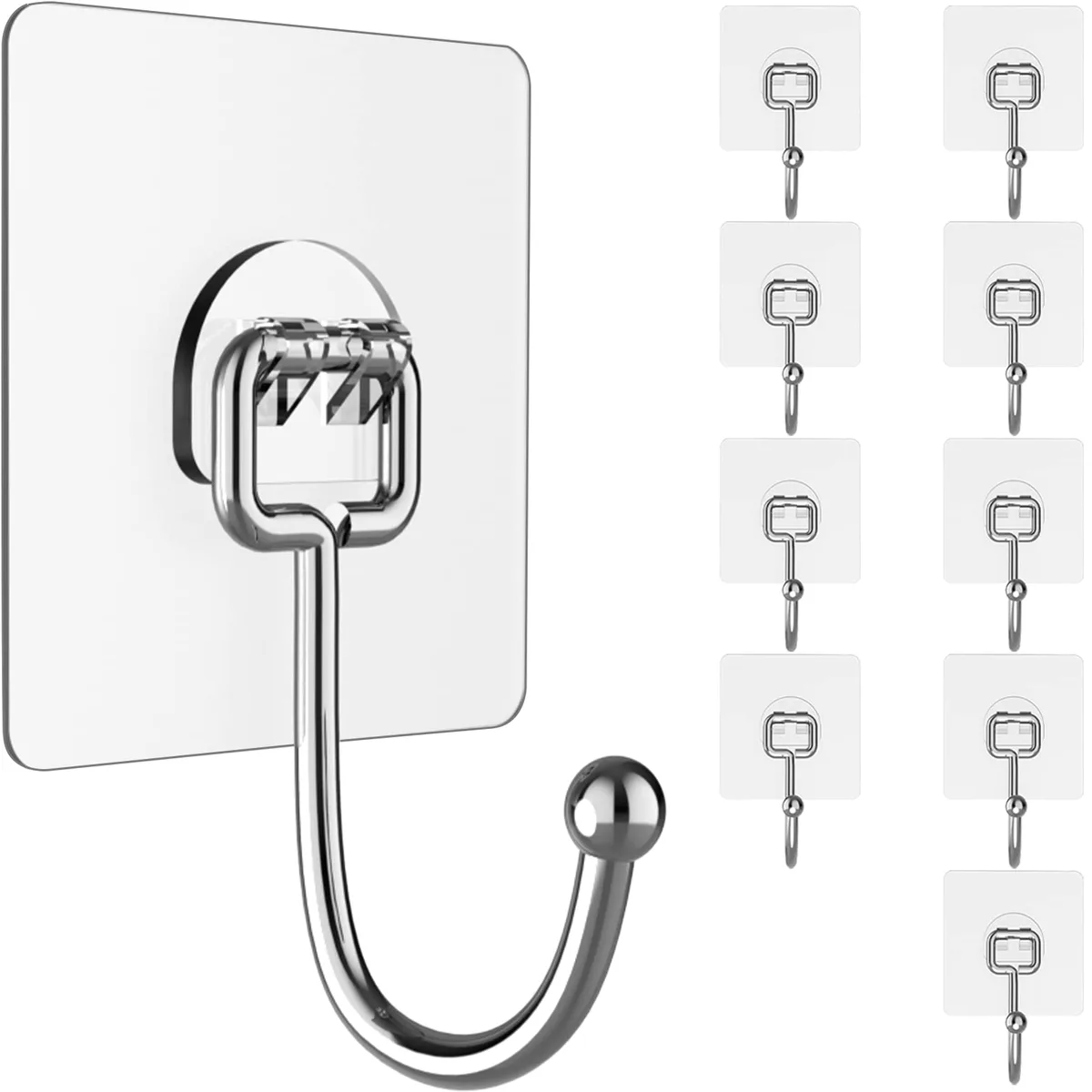 Ten clear adhesive hooks in a pack, stainless steel with transparent PVC finish
