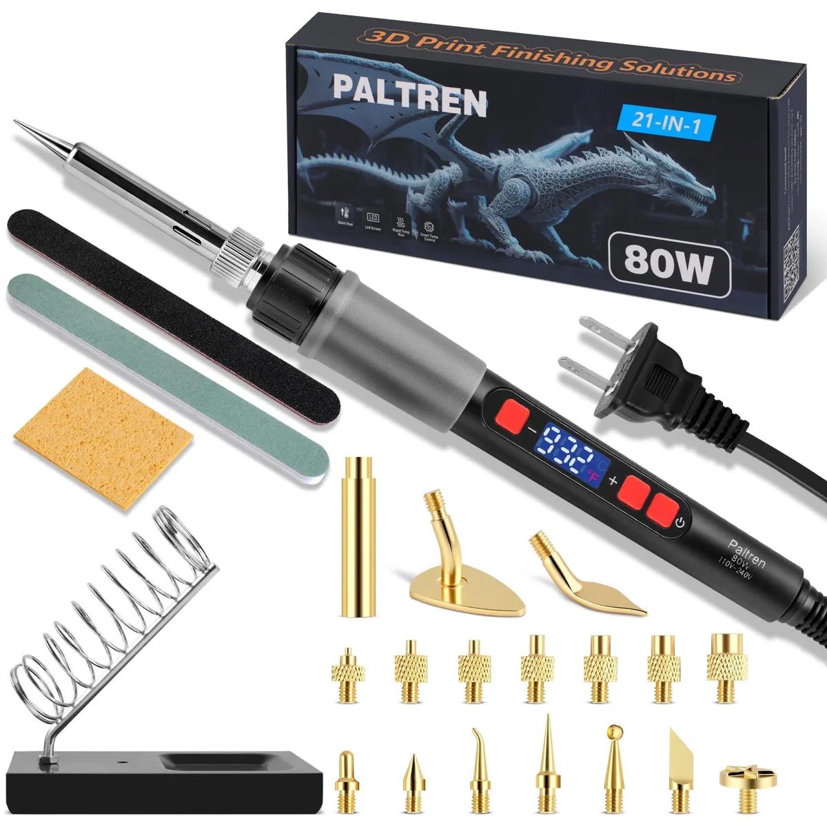 Black 80W soldering iron kit with brass tips and stand, 10.7 x 4.1 x 2 inches, 0.31 kg