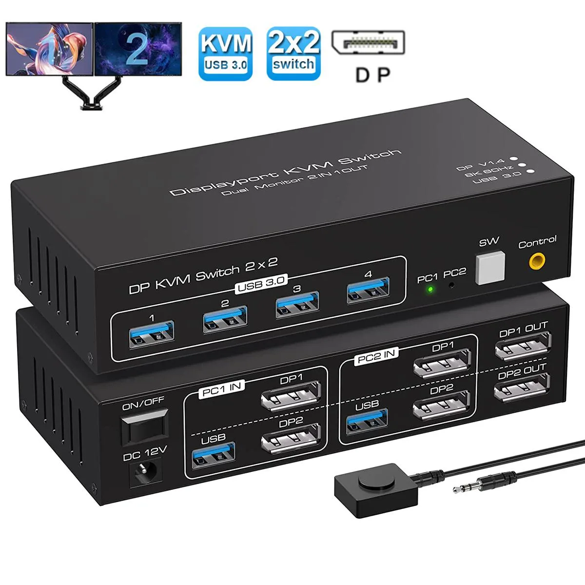 IHDAPP IHDAPP 2-Port Dual Monitor DisplayPort 1.4 KVM Switch 4K 120Hz 8K 60Hz 4x USB 3.0 — product photo