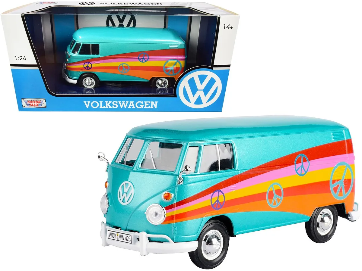 MOTORMAX MOTORMAX Volkswagen Type 2 (T1) Delivery Van "Peace" Turquoise Metallic 1/24 Diecast Hobby Collectible — product photo