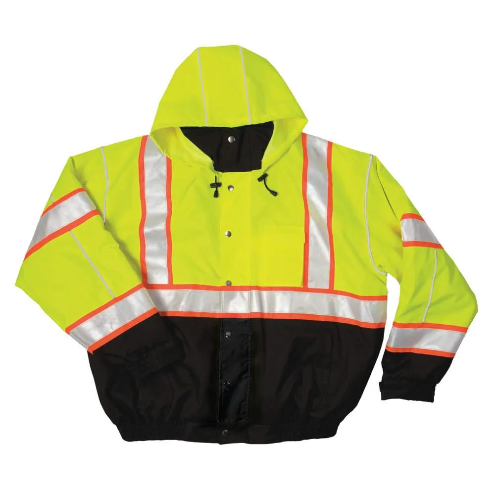 ML Kishigo ML Kishigo JS119-5X Hi-Vis Bomber Jacket, Lime/Black, 66 in chest, traffic safety equipment — product photo