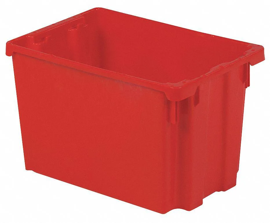 Red rectangular plastic storage bin with lid, hang-and-stack design
