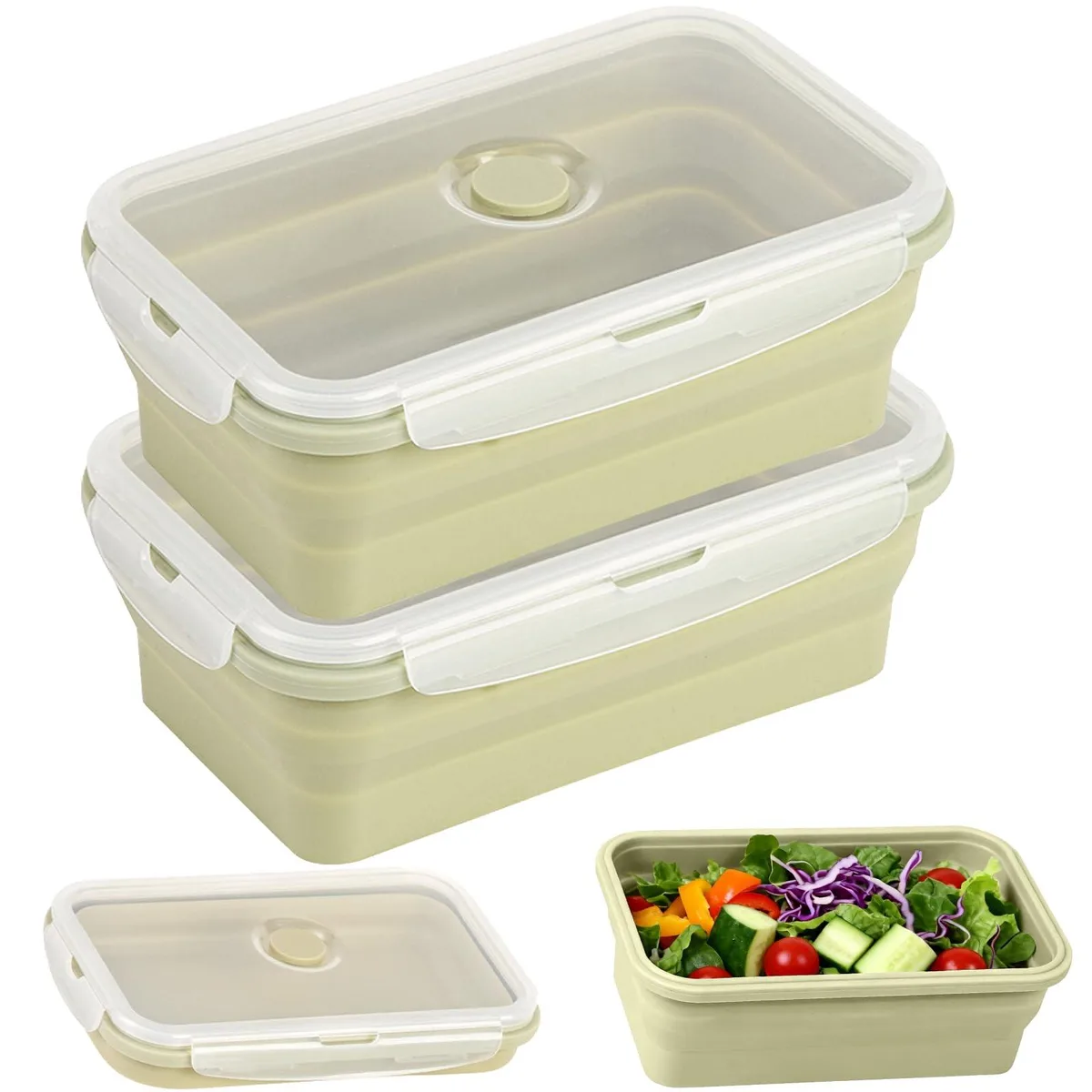 Two green collapsible silicone containers with red lids, folded flat