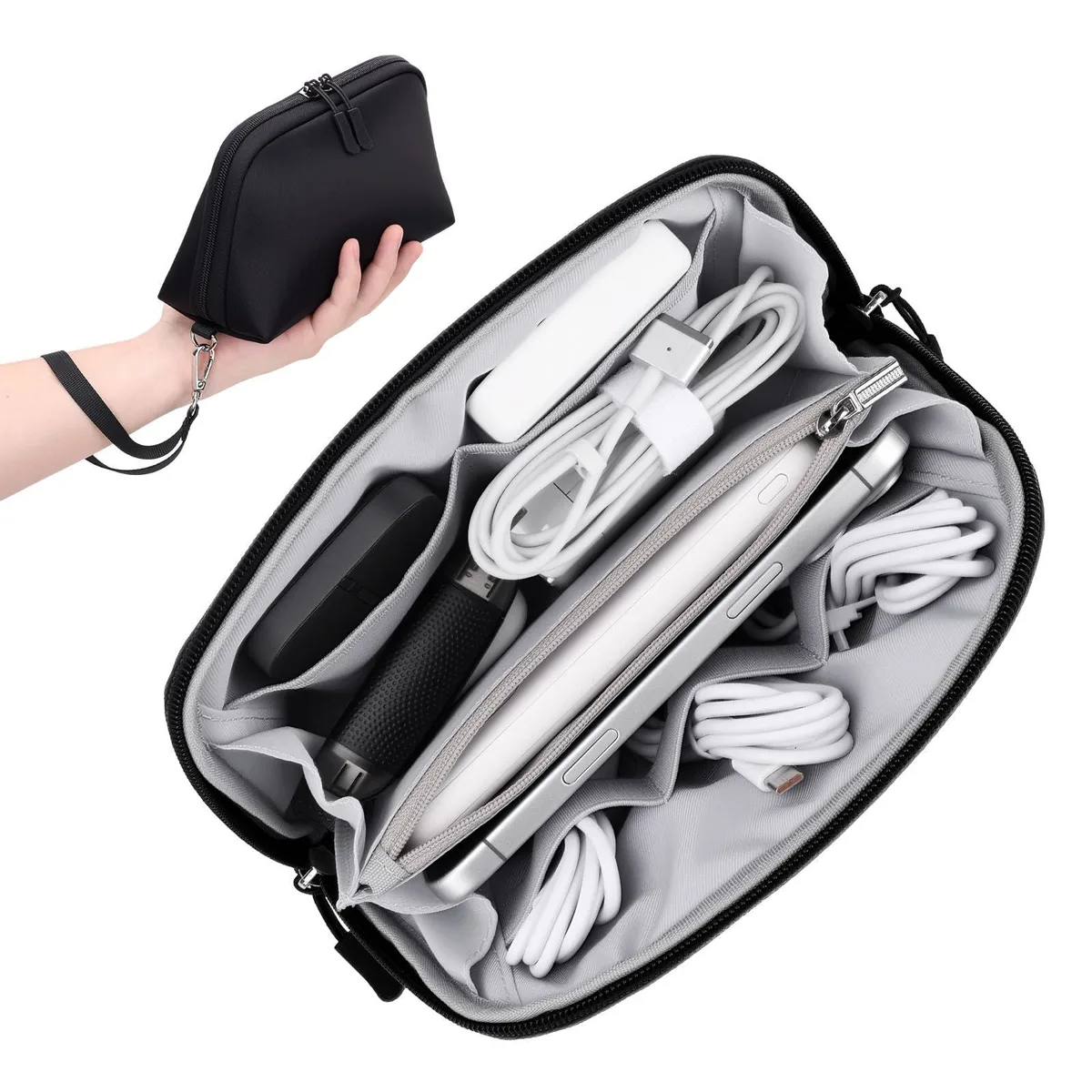Black rectangular travel organiser with zipper and wrist strap, satin nylon finish, eight internal compartments