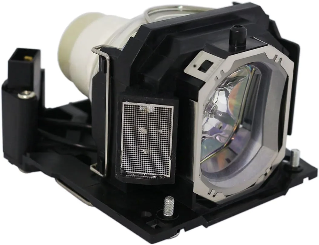 Rectangular projector lamp module in black housing with exposed bulb and connector