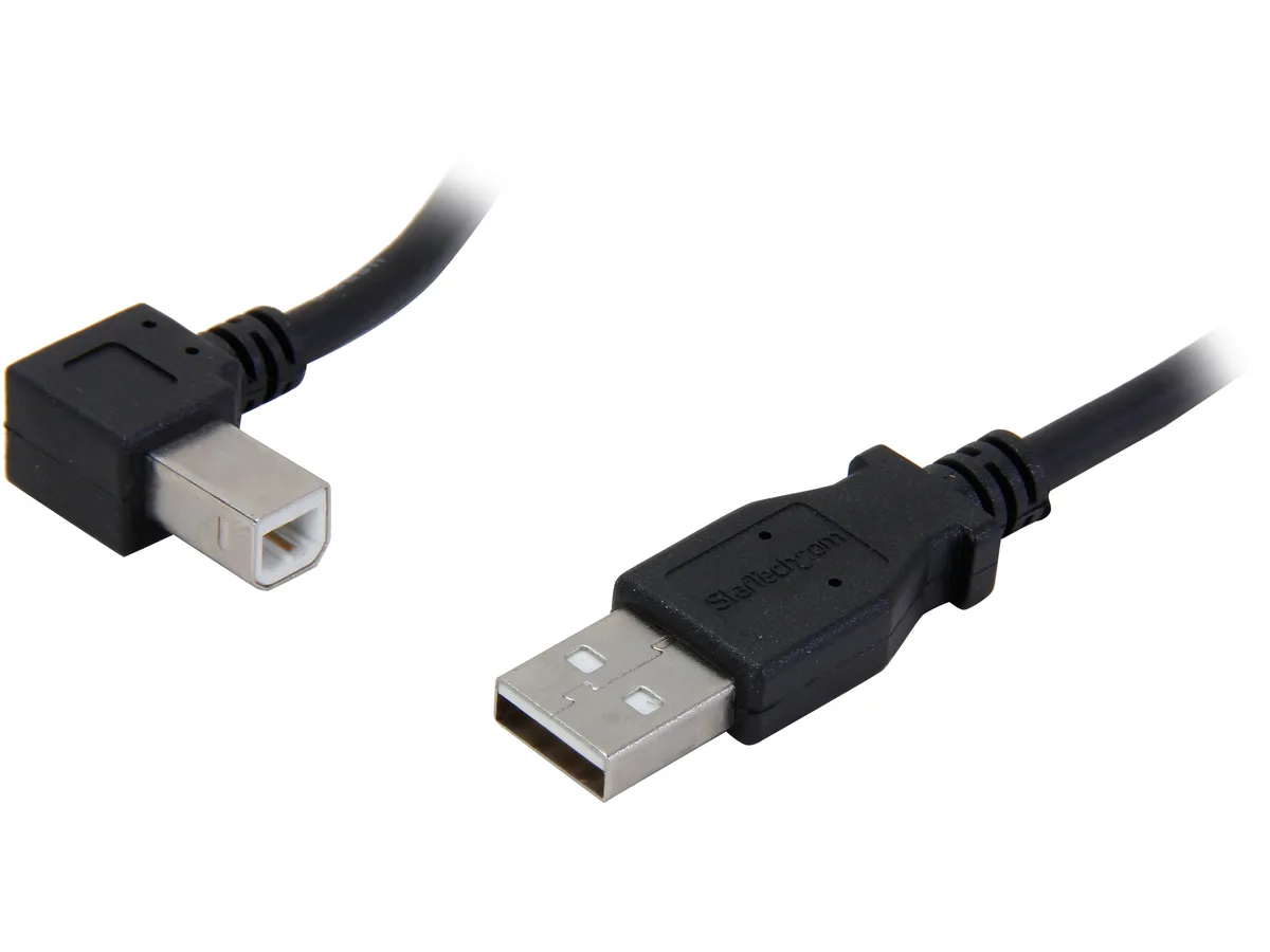 Black USB 2.0 cable with left-angled B connector, 2M length