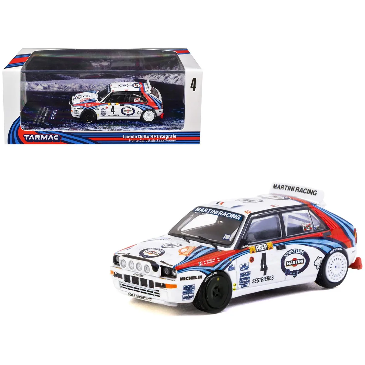 Tarmac Works Tarmac Works Lancia Delta HF Integrale #4 Martini Racing Monte Carlo 1992 1/64 Diecast Hobby Collectible — product photo