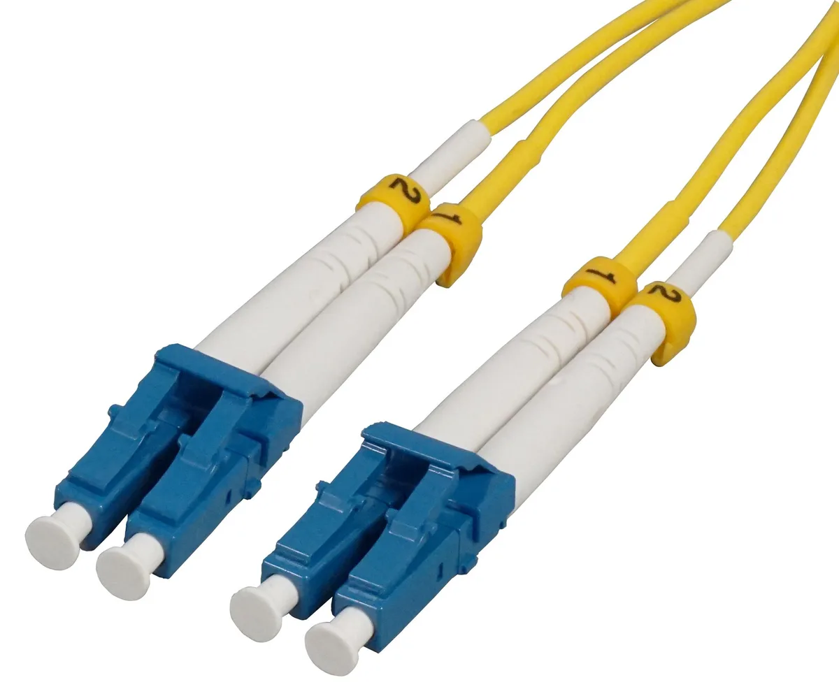 Yellow singlemode duplex fiber patch cable with LC connectors, 20 m length, 2.0 mm jacket, G.657.A1 bend insensitive
