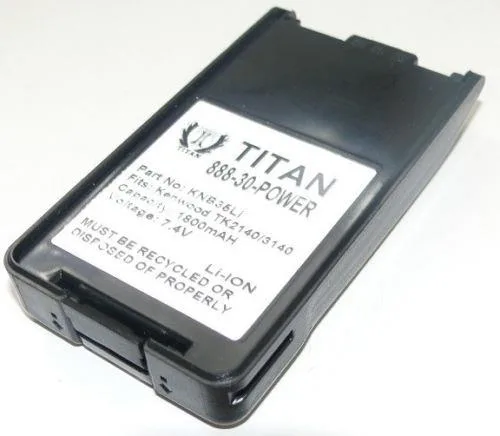 Rectangular lithium-ion battery pack, dark plastic casing with gold contacts and label