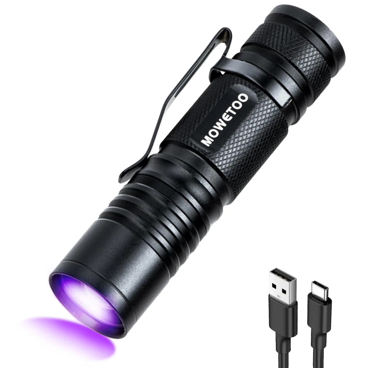 Small black aluminium UV flashlight with zoom head, USB-C port and pocket clip