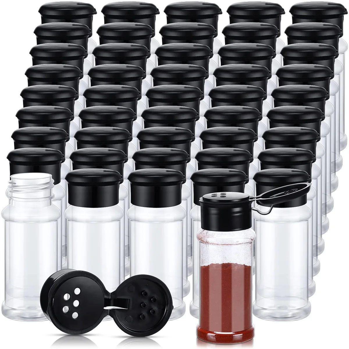 Fifty black round plastic spice jars with shaker lids, each 3.3 oz capacity, arranged together