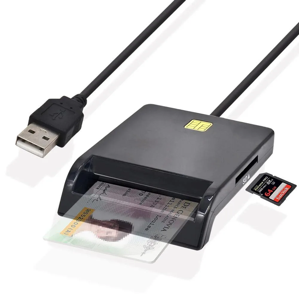 Compact black ABS card reader with USB 2.0 plug and LED indicators