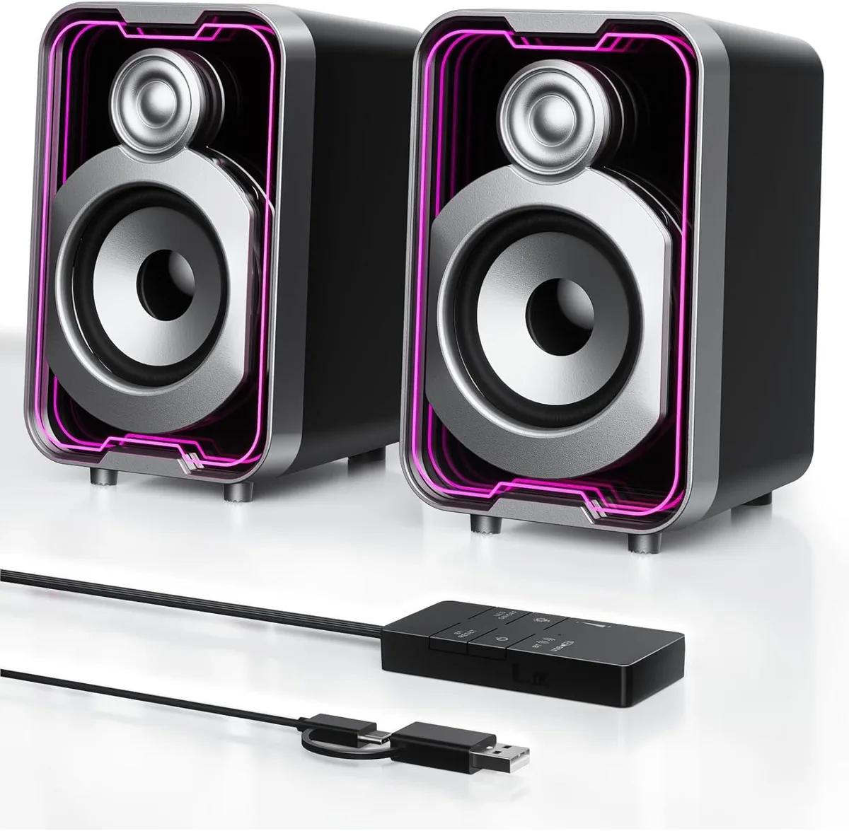 Compact fabric-covered stereo speakers with LED light strip and control pod