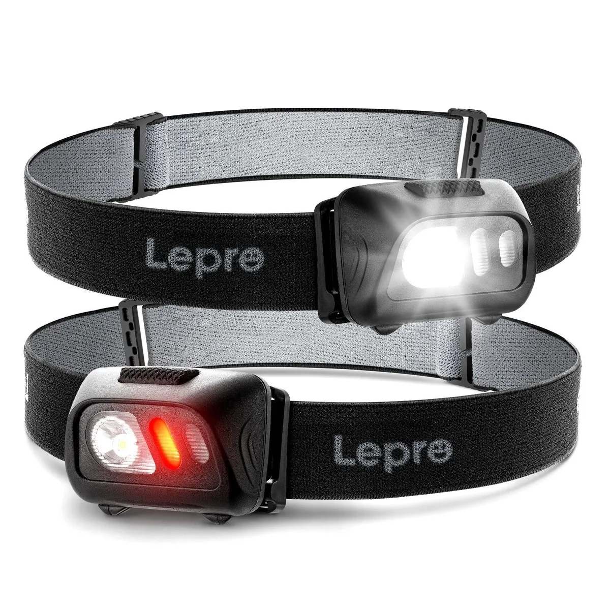 Two compact black headlamps with adjustable elastic straps lying side by side