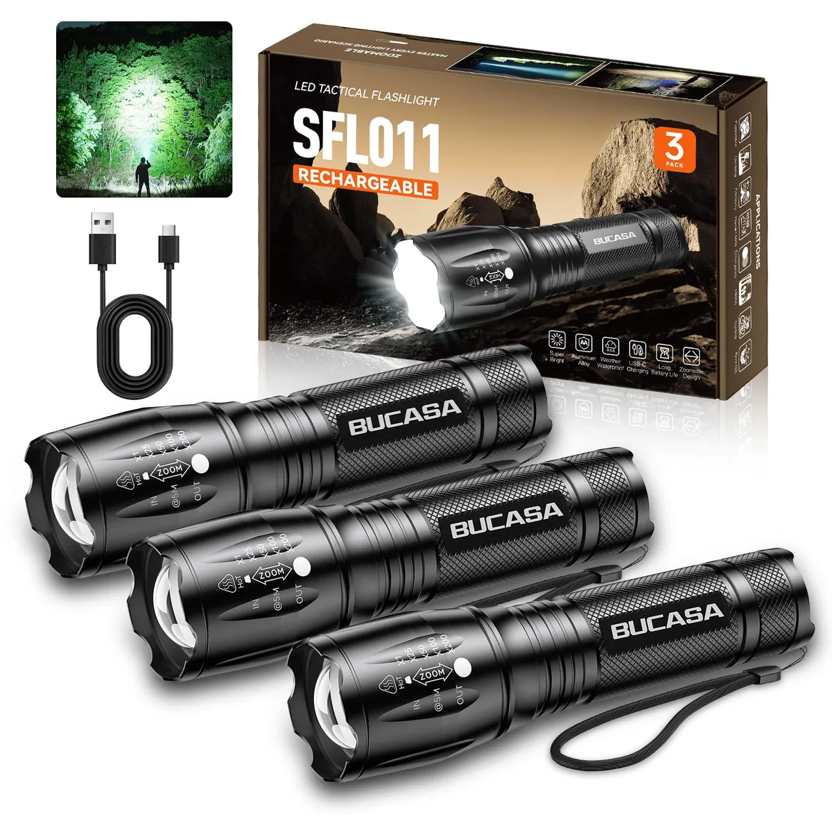 Three compact aluminium flashlights with Type-C ports and zoom heads