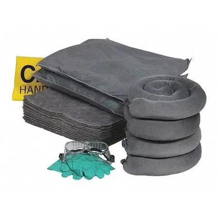 Clear box containing spill kit refill with pads, pillows, socks, bags, gloves and goggles