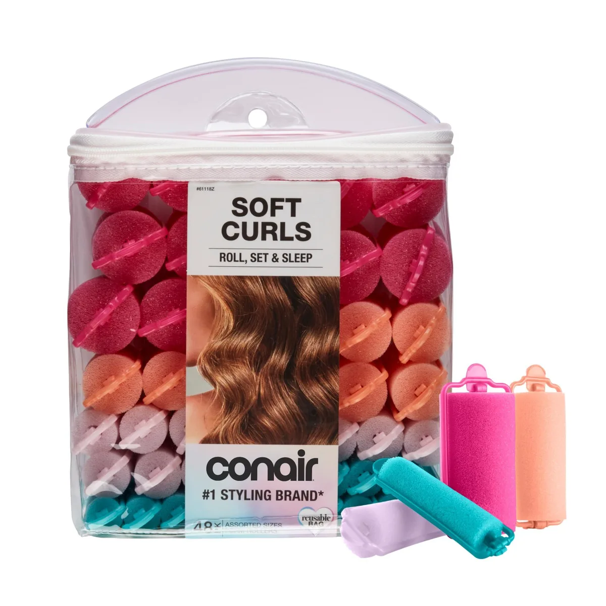 A set of 48 soft foam hair rollers in assorted sizes with built-in snap closures and a clear zippered storage bag