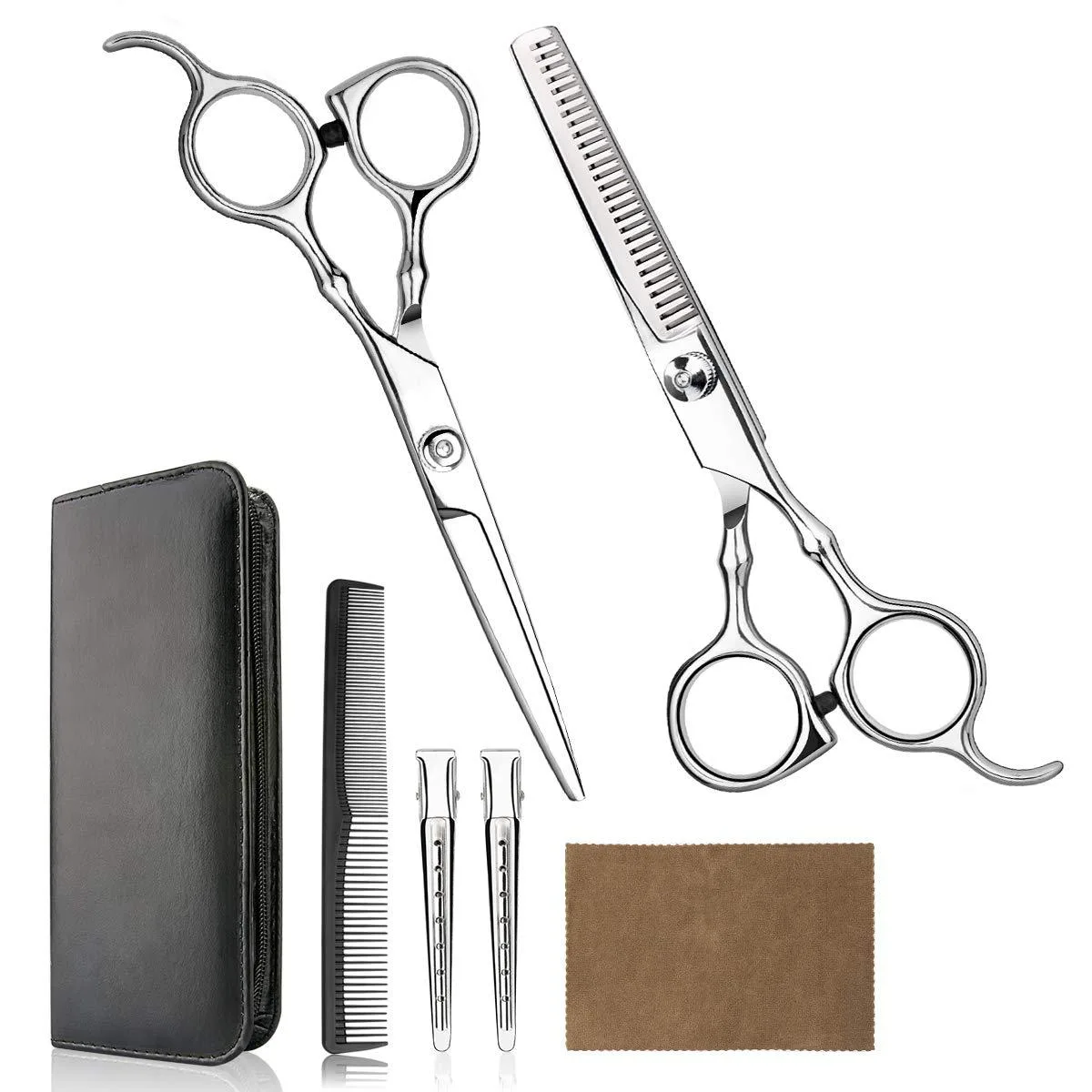 Silver stainless steel hair cutting scissor kit with thinning shears, comb, pins, cloth and case