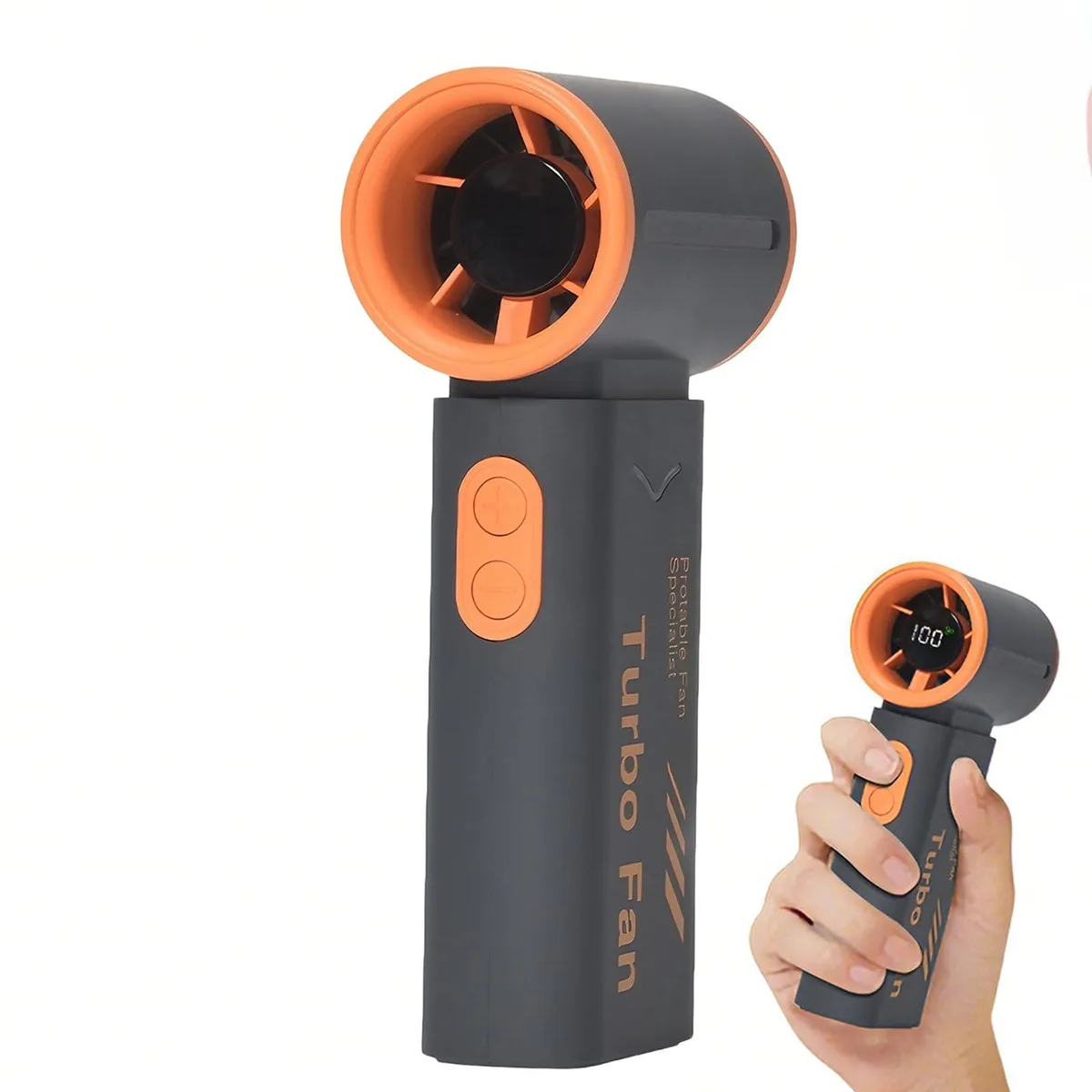 Small black handheld fan with digital display, Type-C cord, painted plastic finish