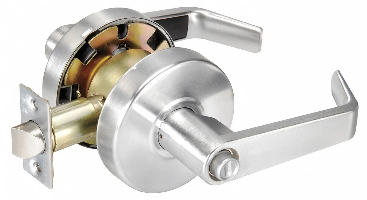 Satin chrome lever lockset with cylindrical rose and privacy turn button
