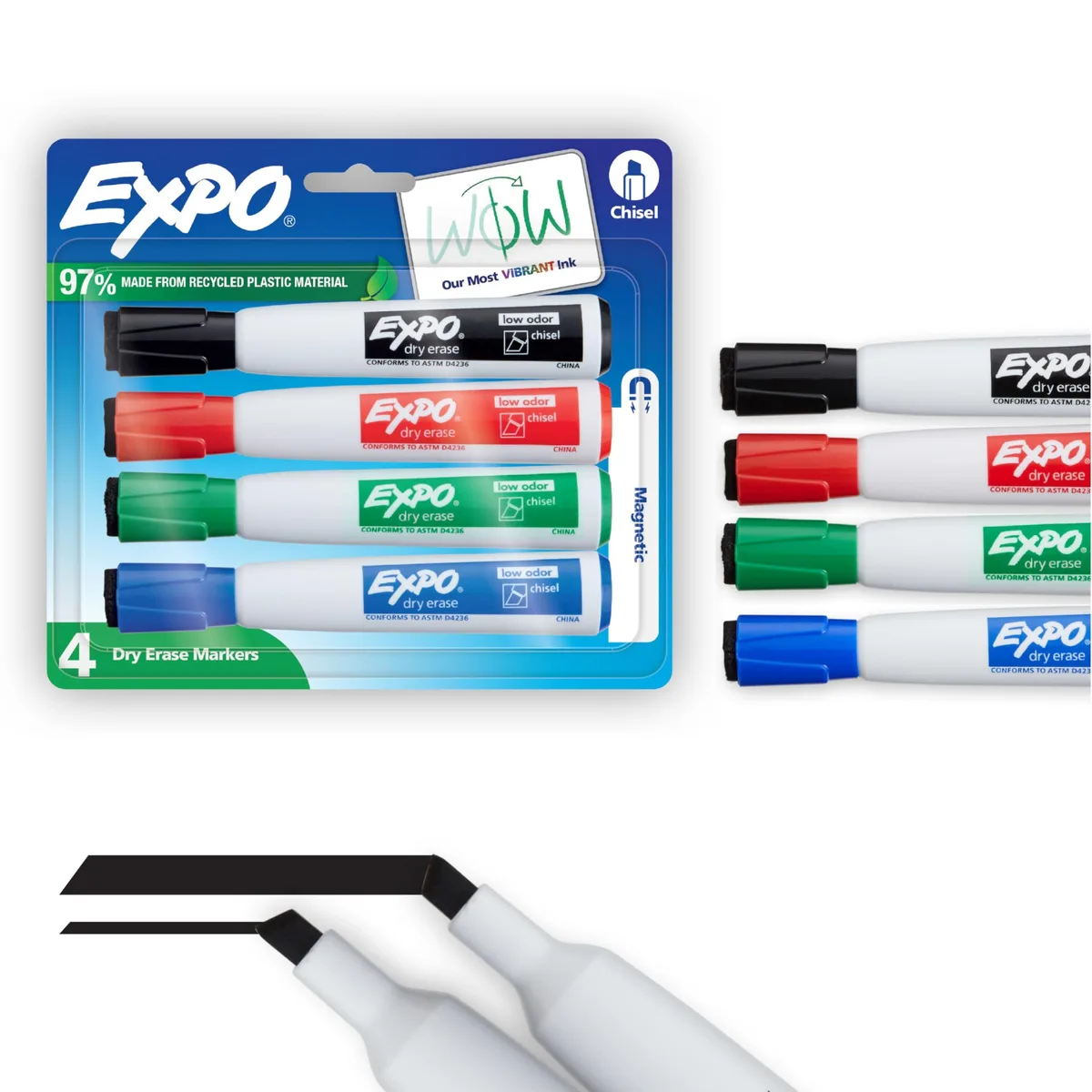  EXPO Magnetic Dry Erase Markers with Eraser, Assorted Colors, Chisel Tip, 4 Count — product photo